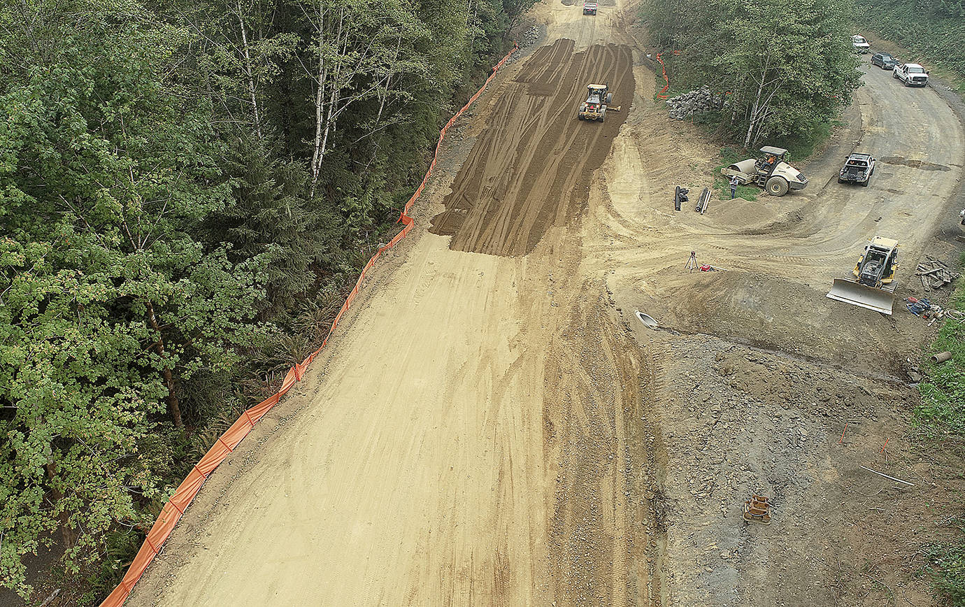 COURTESY GRAYS HARBOR COUNTY                                 A drone photo shows the construction on Blue Slough Road. The project takes out the curves at around the 2.5-mile mark of the roadway, which is expected to reopen by the end of October.