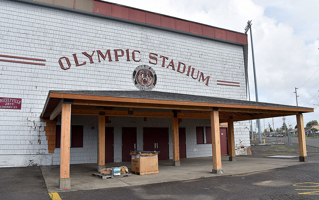 DAN HAMMOCK | THE DAILY WORLD                                 A new entryway to Olympic Stadium is part of ongoing preservation and improvement projects at the historic wooden structure. The City of Hoquiam recently received a $900,000 state grant to continue the improvements.