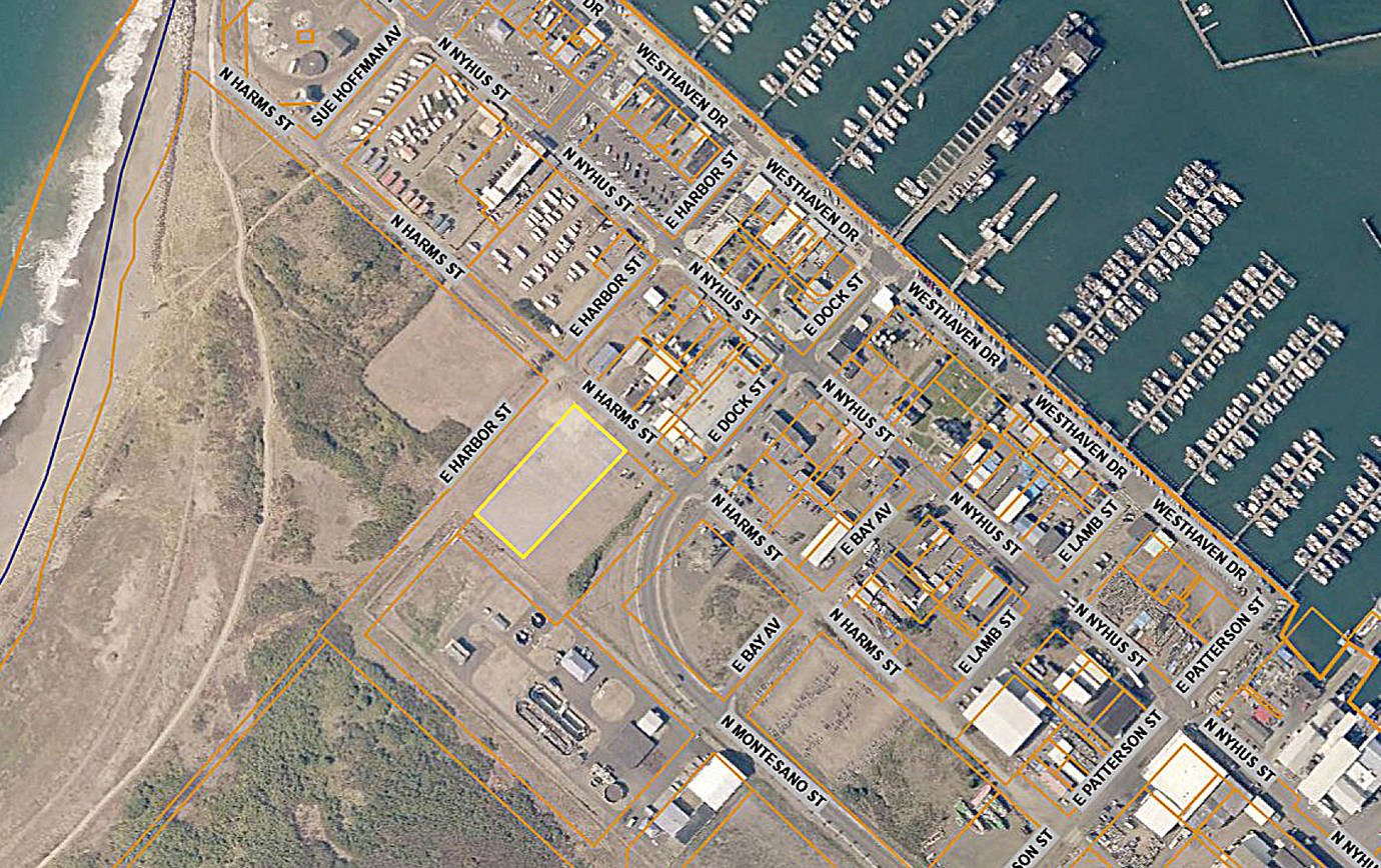 COURTESY IMAGE                                 The proposed site of a vertical tsunami evacuation tower in Westport, city-owned property at the corner of North Harms Street and East Harbor Street.