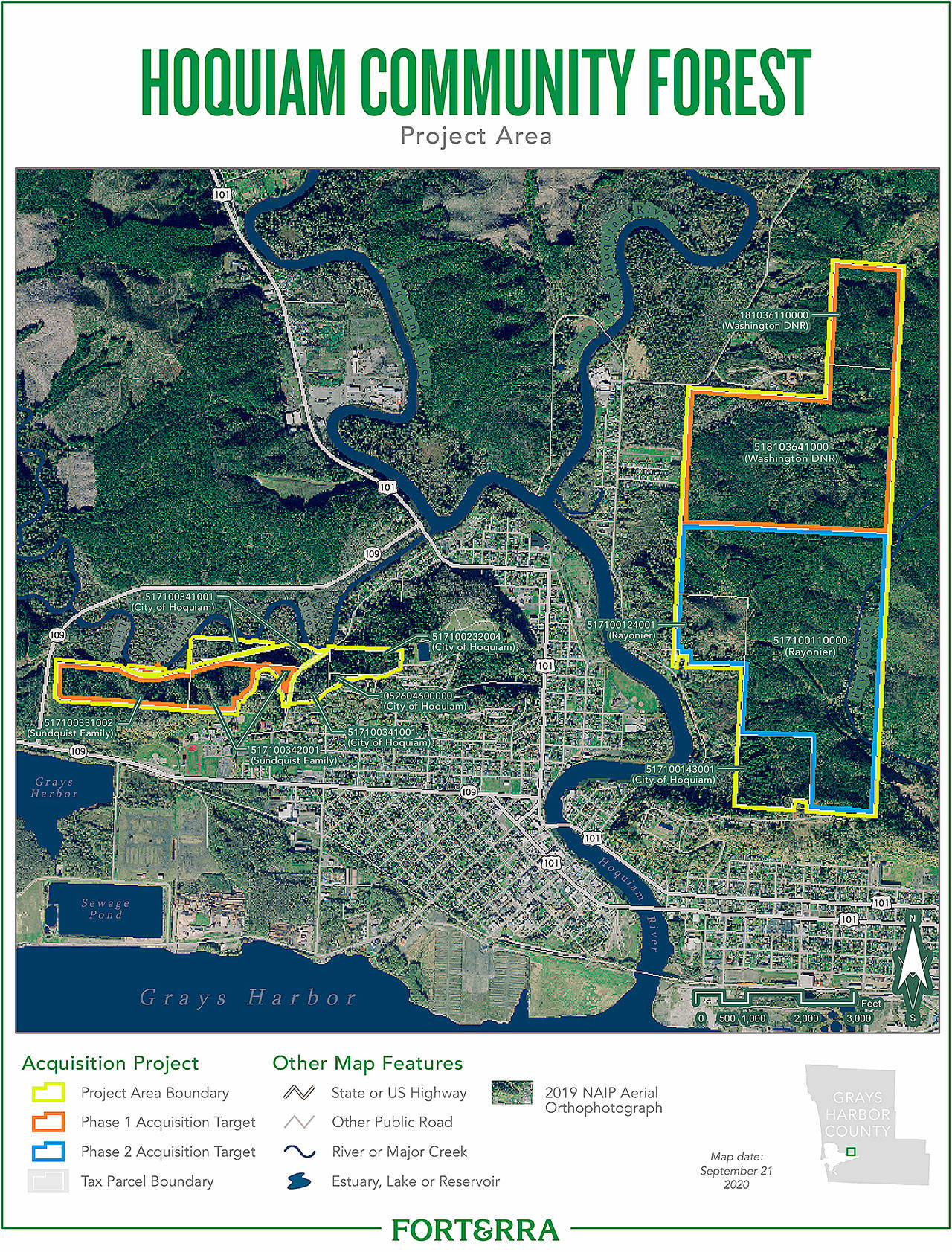 COURTESY IMAGE                                 This map shows the location of four parcels of land the City of Hoquiam would purchase if it’s successful in its bid for a $3 million community forest grant from the state Recreation and Conservation Office.
