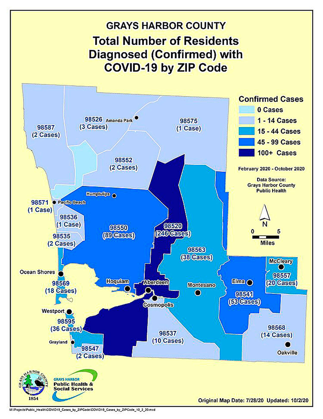 COVID-19 cases by zip code, updated by Grays Harbor Public Health Oct. 2.