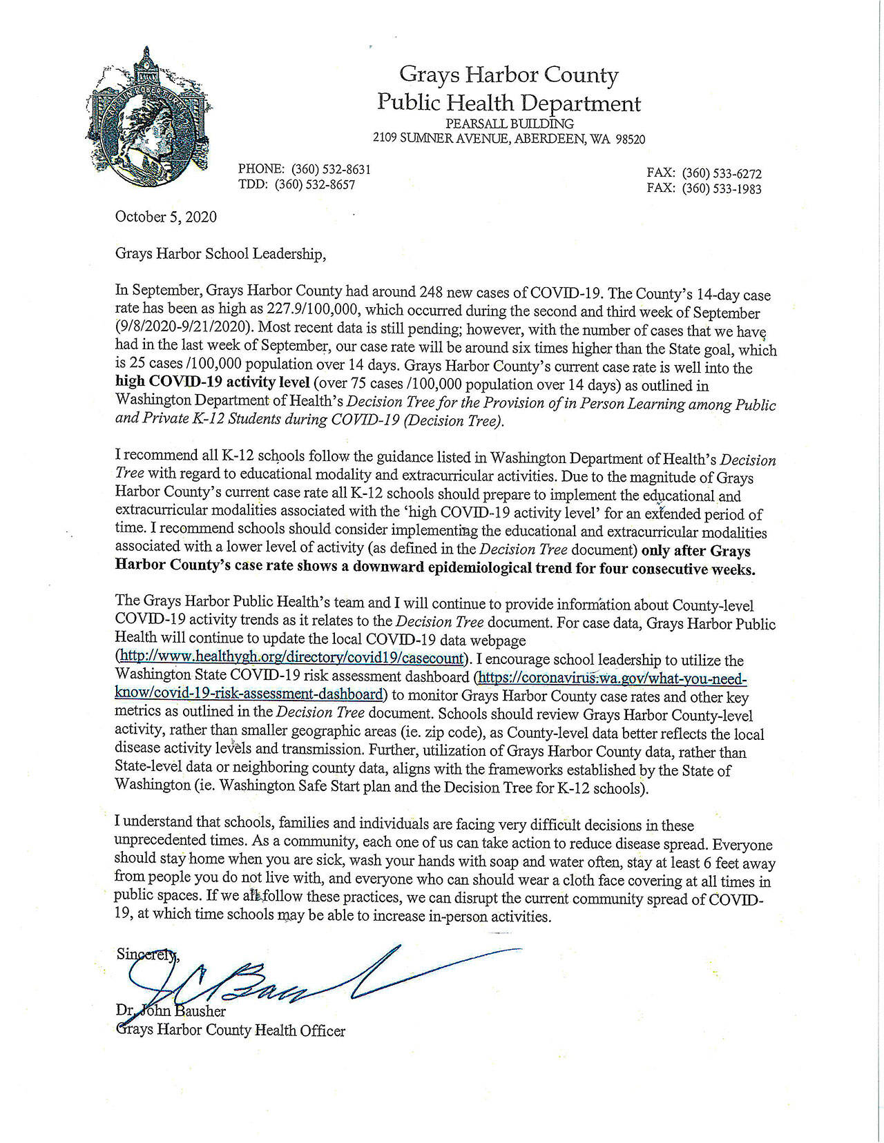 Dr. John Bausher’s letter to school officials telling them to plan on an extended period of online learning.