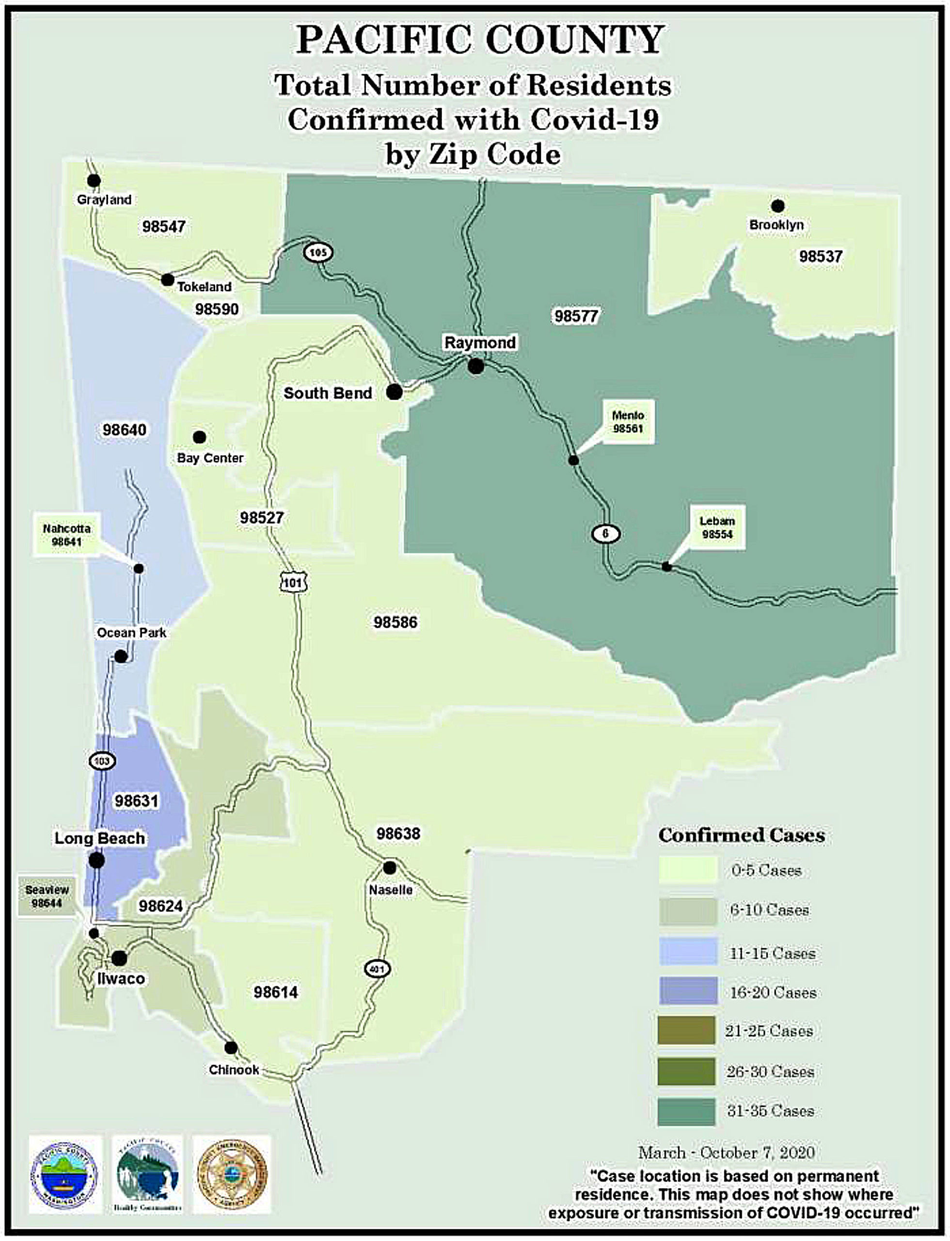 Pacific County COVID-19 confirmed cases by zip code, updated Oct. 7.