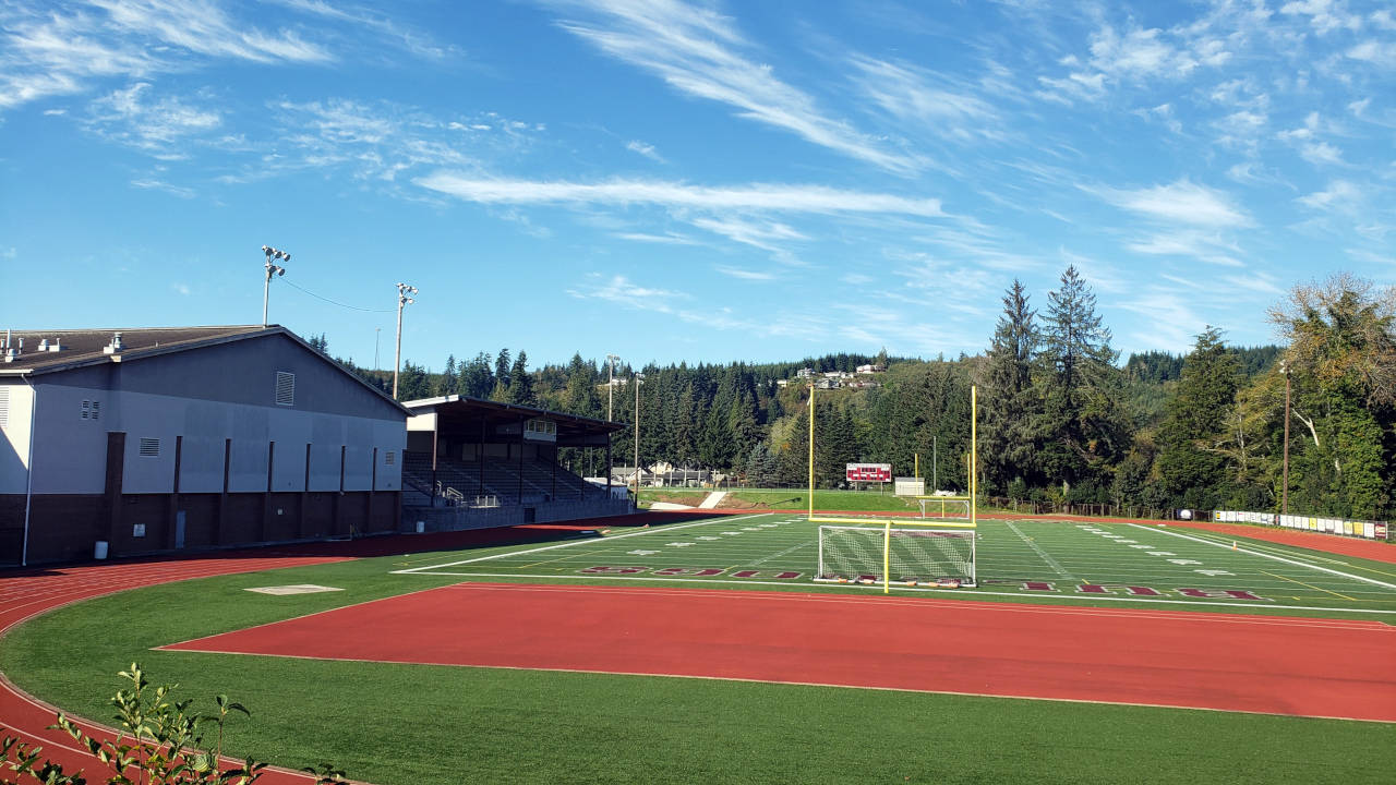Ryan Sparks | The Daily WorldRottle Field at Montesano High School sits empty on Wednesday afternoon. Though the Governor’s Office issued new Safe Start Plan updates for high school sports this week, school officials say prep sports are still not likely to begin until January.