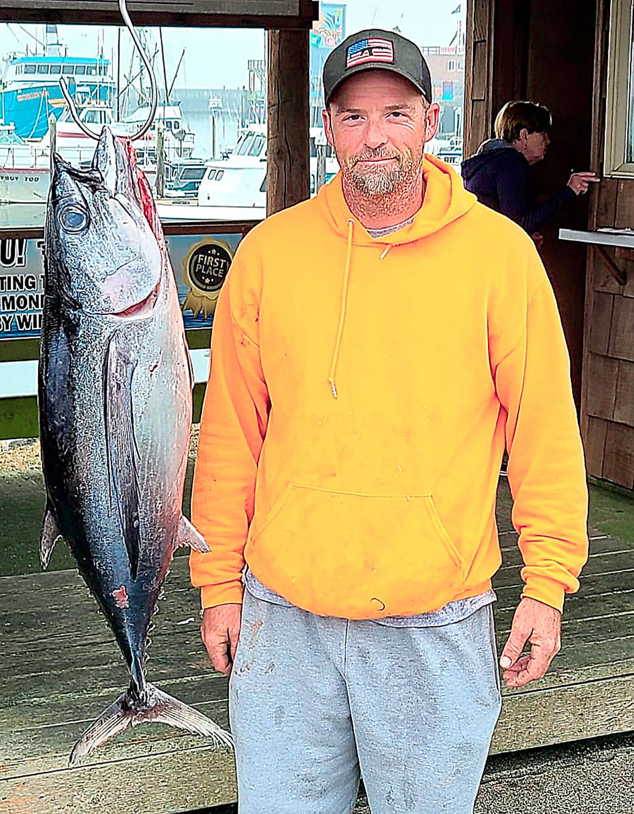 COURTESY WESTPORT WEIGHMASTER Sean Gomez won the 2020 Westport Charterboat Association tuna derby with this 32.9-pound albacore caught Sept. 14 while fishing from the Blue Eyes.