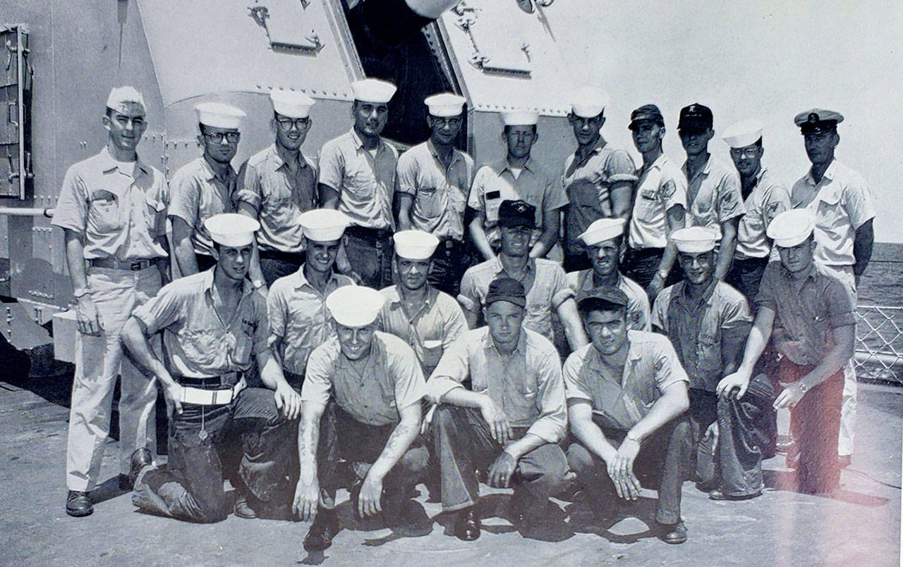 SUBMITTED PHOTO Dave Agner (middle row, third from left) and a gunnery division crew aboard the USS Renshaw destroyer in the early 1960s. Agner’s tour of duty included Pearl Harbor, Japan, the Philippines, Hong Kong and Midway Island.