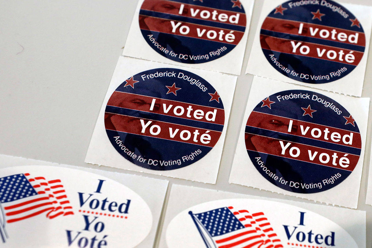 Voting stickers are seen at a polling station in Washington, D.C. during the U.S. presidential election on Tuesday, Nov. 3, 2020. (Yuri Gripas/Abaca Press/TNS)