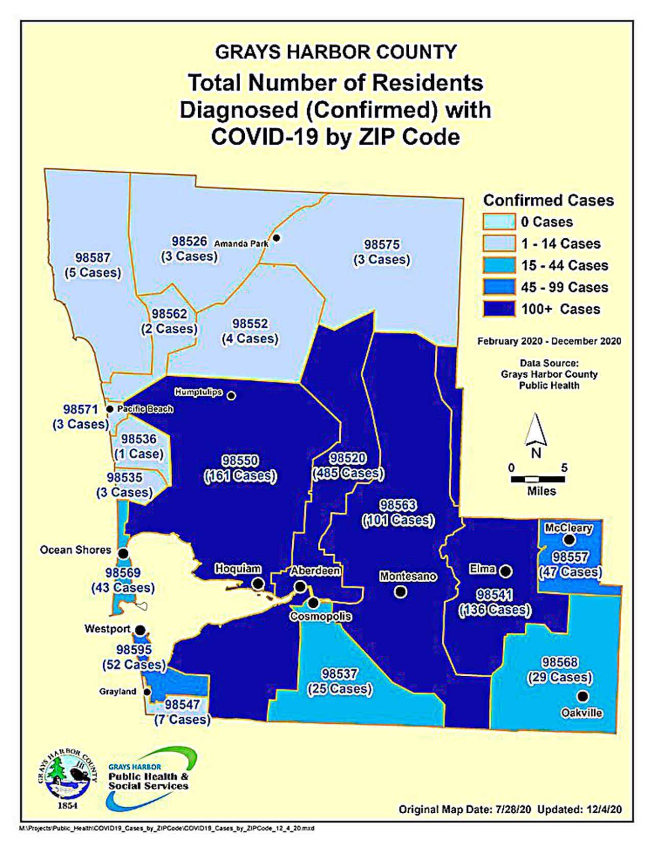 COVID-19 cases in Grays Harbor County by zip code, updated Friday, Dec. 4.