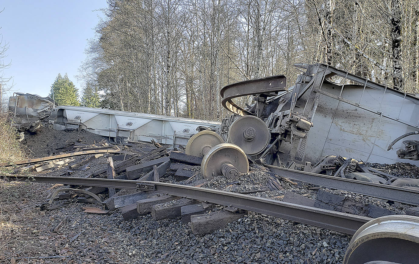 RYAN SPARKS | THE DAILY WORLD 
There were no injuries and no hazardous materials concerns after six boxcars carrying grain derailed in Montesano Monday afternoon.
