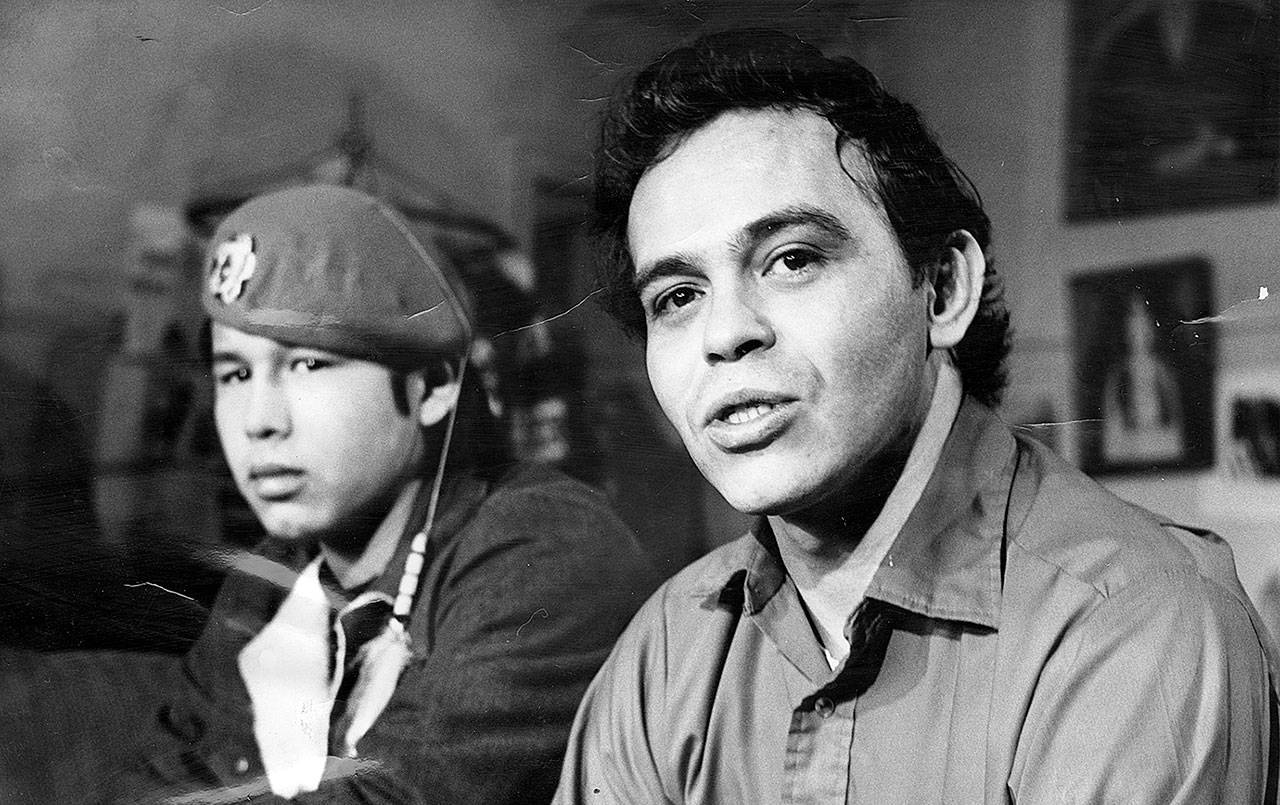 WASHINGTON STATE ARCHIVES 
Native American rights activist Hank Adams, right, at a 1971 press conference.