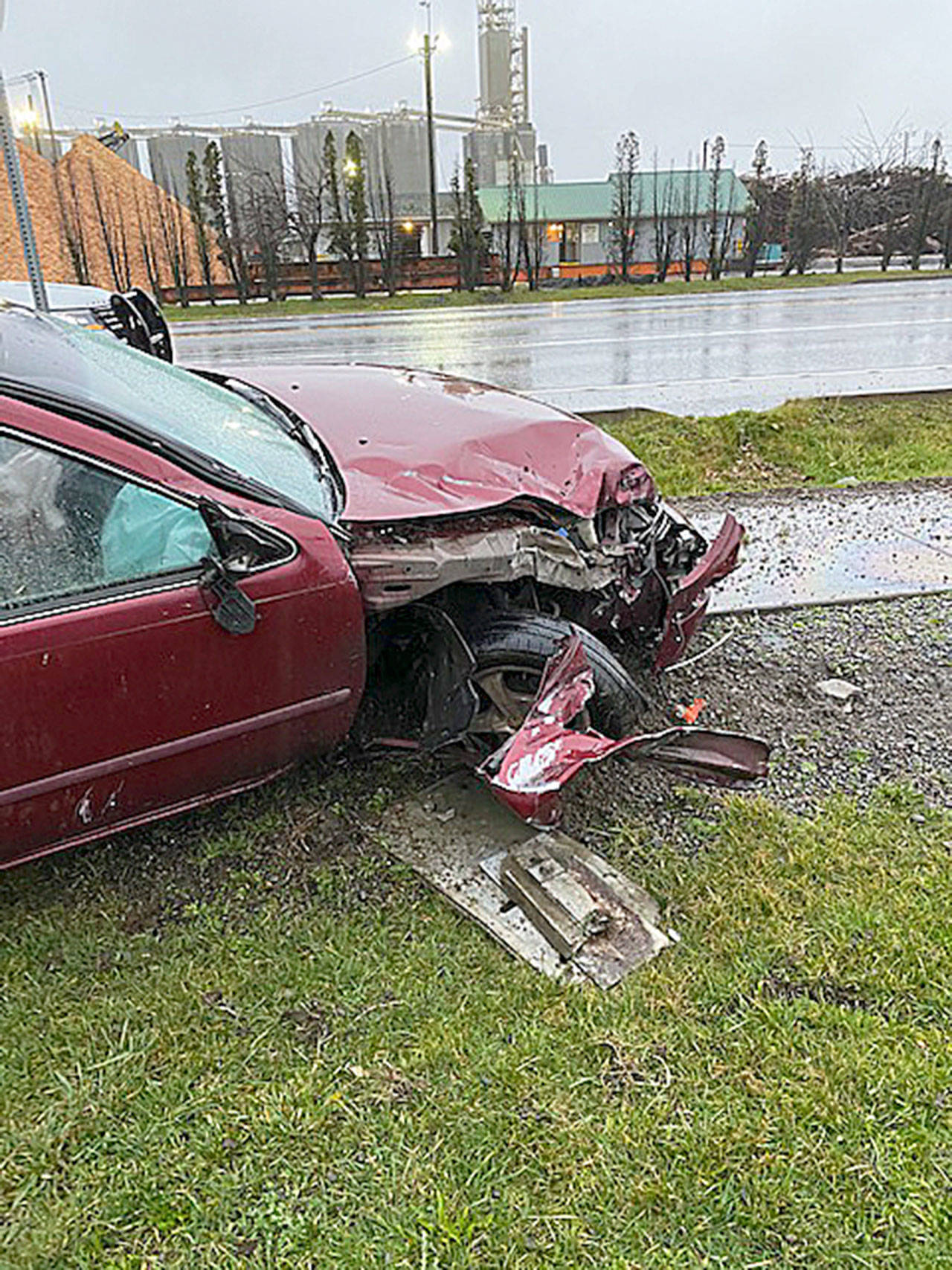 COURTESY HOQUIAM POLICE DEPARTMENT 
A 40-year-old Aberdeen man was reportedly “huffing” while driving when he crashed into a house on Sumner Avenue before colliding with a railroad crossing on Port Industrial Road Saturday morning. The driver later turned himself in to police.