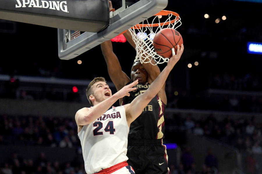 LOS ANGELES, CA - MARCH 22:  Corey Kispert #24 of the Gonzaga Bulldogs goes up for a shot against Mfiondu Kabengele #25 of the Florida State Seminoles in the second half in the 2018 NCAA Men's Basketball Tournament West Regional at Staples Center on March 22, 2018 in Los Angeles, California.  (Harry How/Getty Images/TNS)