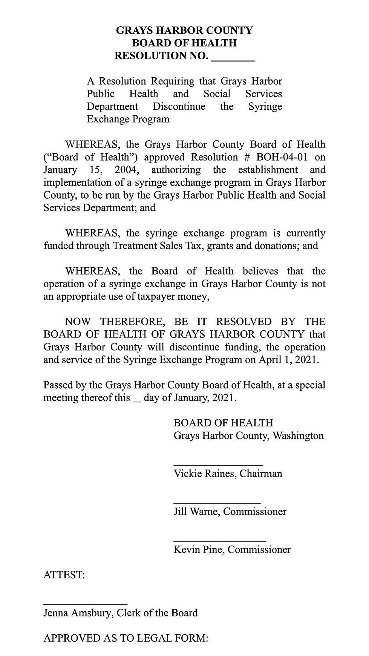 Needle exchange resolution to the county board of health.