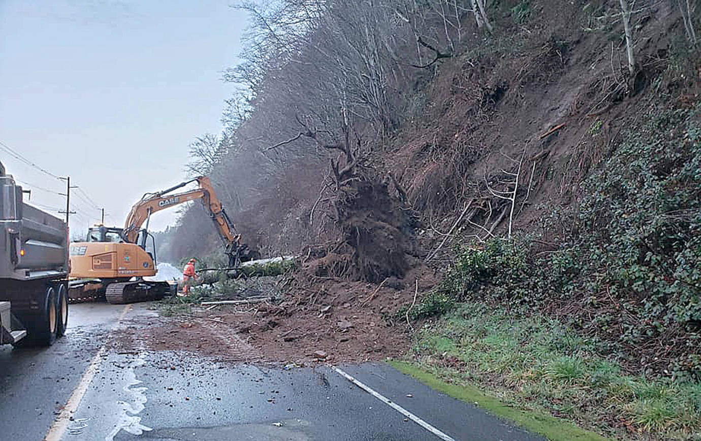 COURTESY HOQUIAM POLICE DEPARTMENT 
Just shy of a year after a slide closed State Route 109 just west of Hoquiam, the same hillside came down again early Friday morning, closing the road in both directions. Hoquiam and state Department of Transportation crews were clearing trees and mud from the slide Friday morning.
