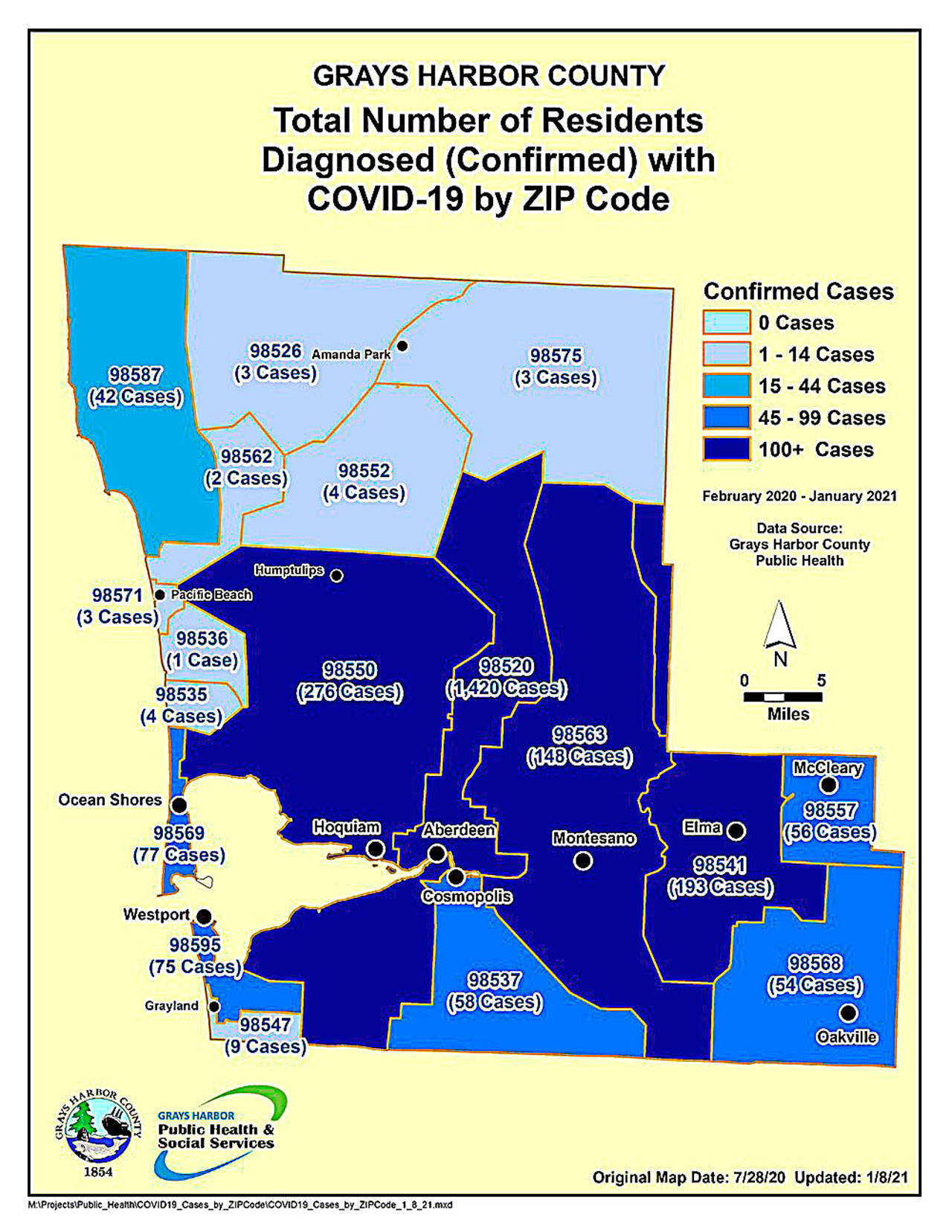 COURTESY GRAYS HARBOR PUBLIC HEALTH 
COVID cases by zip code in Grays Harbor County, updated Jan. 8.