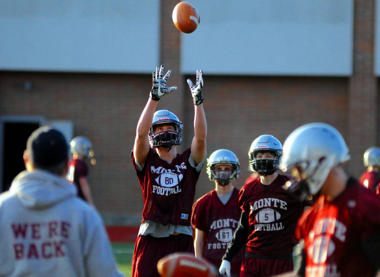 RYAN SPARKS | THE DAILY WORLD
A Montesano football player goes up for a catch during the school’s activity and conditioning program on Tuesday at Jack Rottle Field in Montesano.