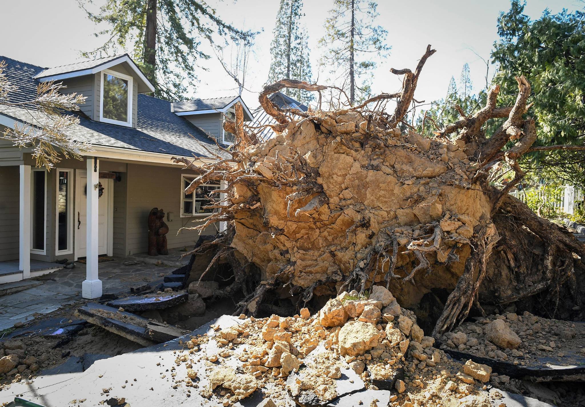 Craid Kohlruss/The Fresno Bee 
Powerful winds, known as Mono winds, reached higher-than-normal levels — in some places, over 100 mph — and resulted in unprecedented, widespread devastation. Hundreds of trees in the Sierra Nevada were toppled Monday night into early Tuesday, and dozens of homes and vehicles were crushed in rural mountain towns.