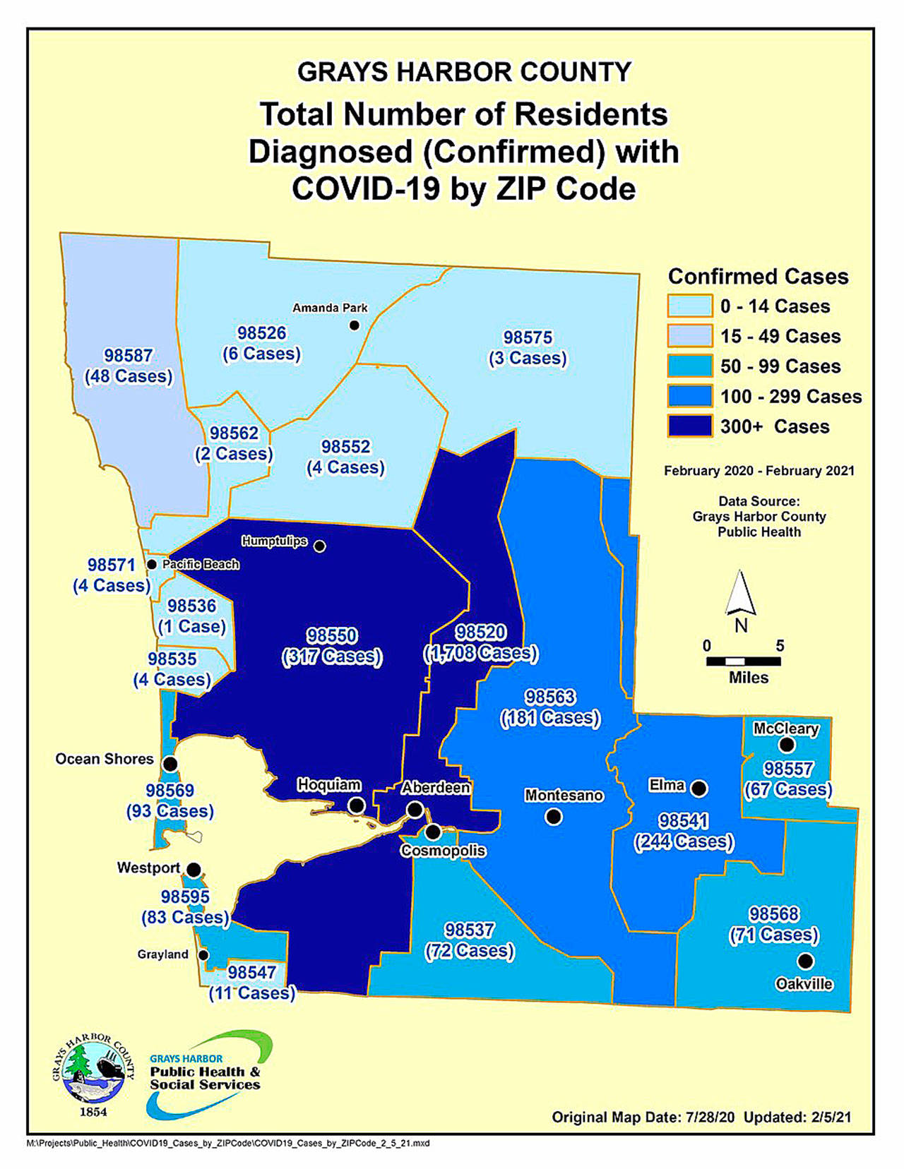 COURTESY GRAYS HARBOR PUBLIC HEALTH 
Total COVID-19 case numbers by zip code, updated Friday.