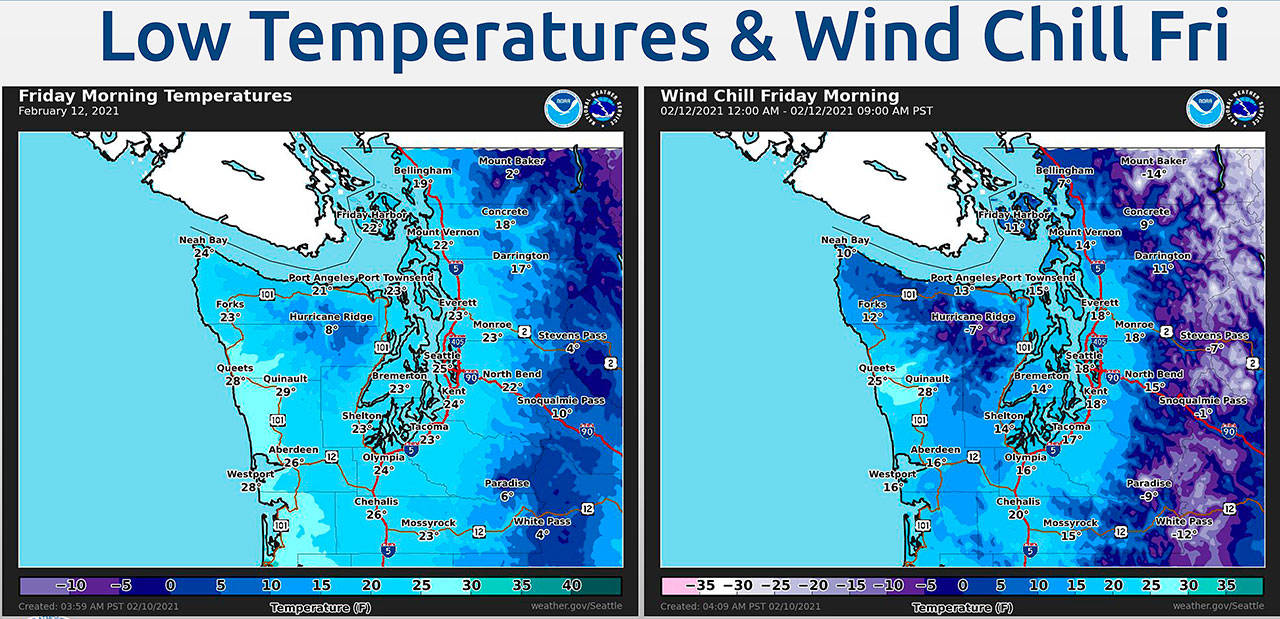 COURTESY NATIONAL WEATHER SERVICE SEATTLE 
Wind will accompany the cold front heading into the region, with gusts to 45 mph on the coast and 25 mph in Aberdeen and Hoquiam dropping wind chill temperatures into the teens Friday.