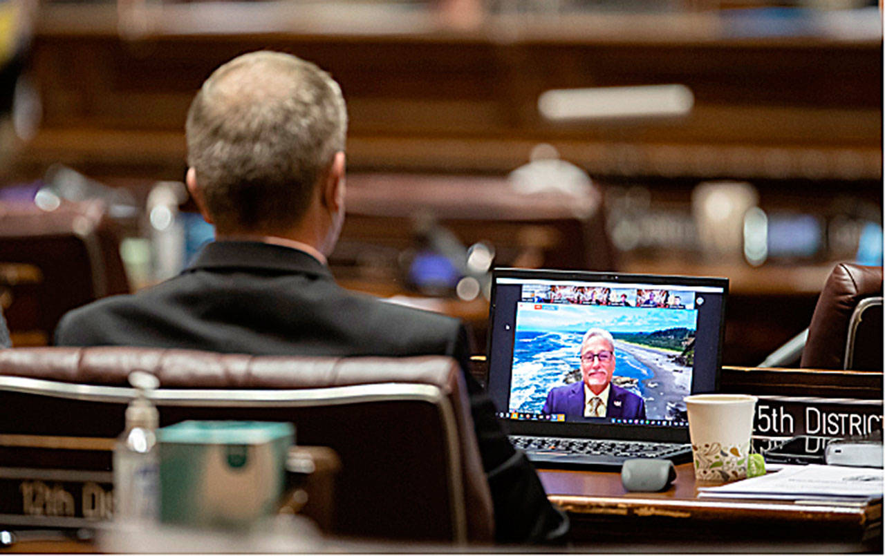 COURTESY PHOTO 
Freshman 19th District Sen. Jeff Wilson, R-Longview, addresses the Senate’s virtual session Thursday as his bill to allow local voter-approved public safety sales taxes to be used for emergency medical services passes unanimously.