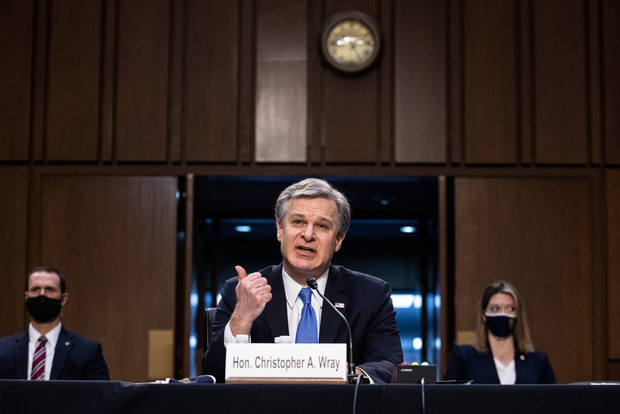 Graeme Jennings / Pool / TNS 
FBI Director Christopher Wray testifies Tuesday on Capitol Hill before the Senate Judiciary Committee regarding the January 6th Insurrection, domestic terrorism and other threats.