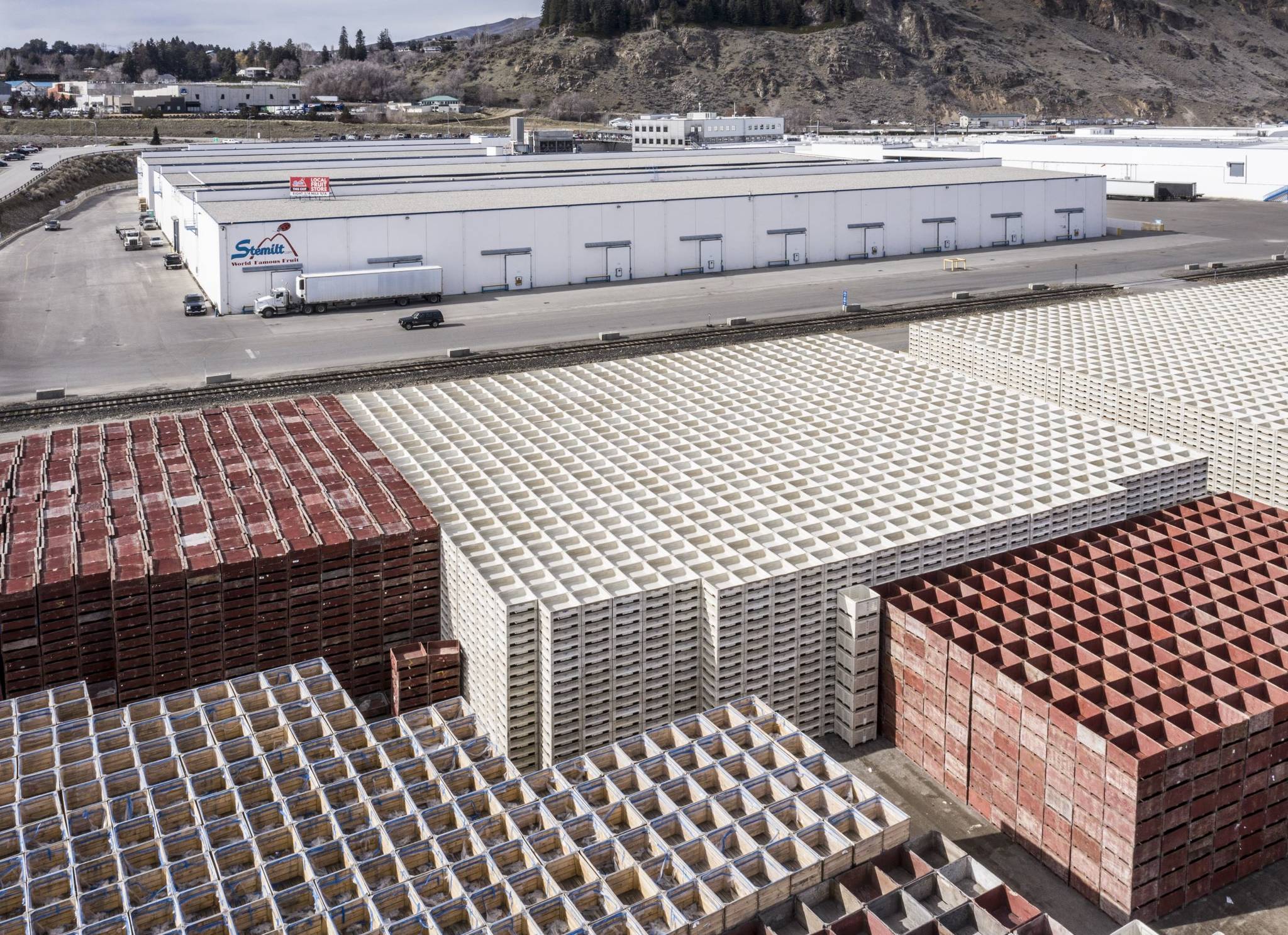 Steve Ringman/The Seattle Times
Empty fruit bins that would ordinarily be filled and exported overseas in cargo containers are waiting at Stemilt Growers’ fruit-packing plant in Wenatchee on Monday.