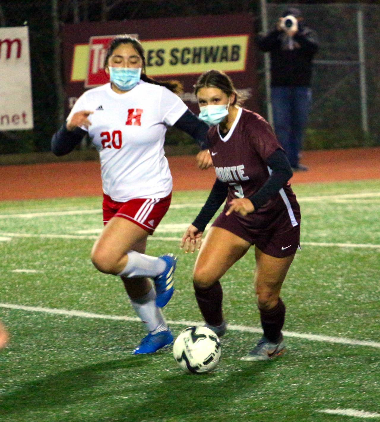 Montesano's Sierra Birdsall, right, dribbles against Hoquiam's Viridiana Cordova-Aguirre during the Bulldogs' 10-0 win on Tuesday in Montesano. Birdsall had a goal and two assists in the game. (Ryan Sparks | The Daily World)