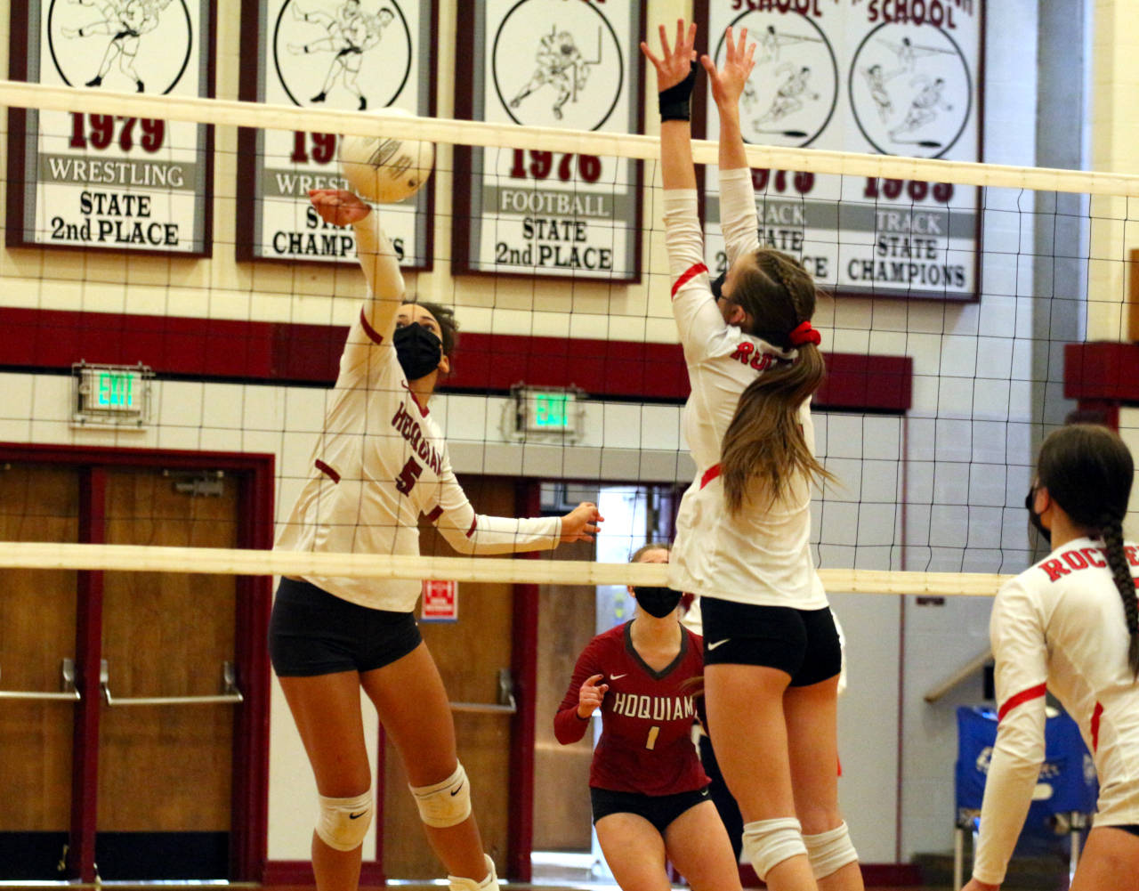 Hoquaim’s Chloe Kennedy (5) puts up a shot against Castle Rock during the Grizzlies straight-set loss in the opening round of the 1A District 4 playoffs on Tuesday in Hoquiam. (Ryan Sparks | The Daily World)