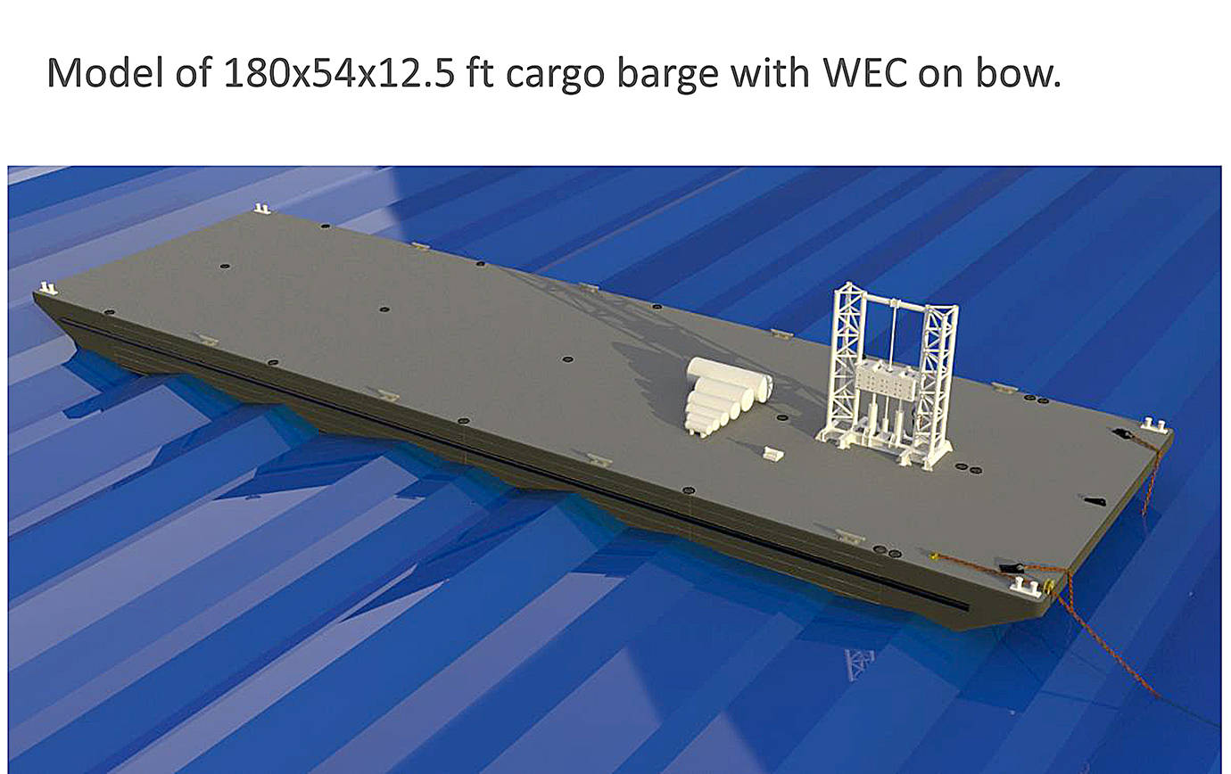 COURTESY APPLIED OCEAN ENERGY 
A rendering of a wave energy converter affixed to a standard cargo barge.