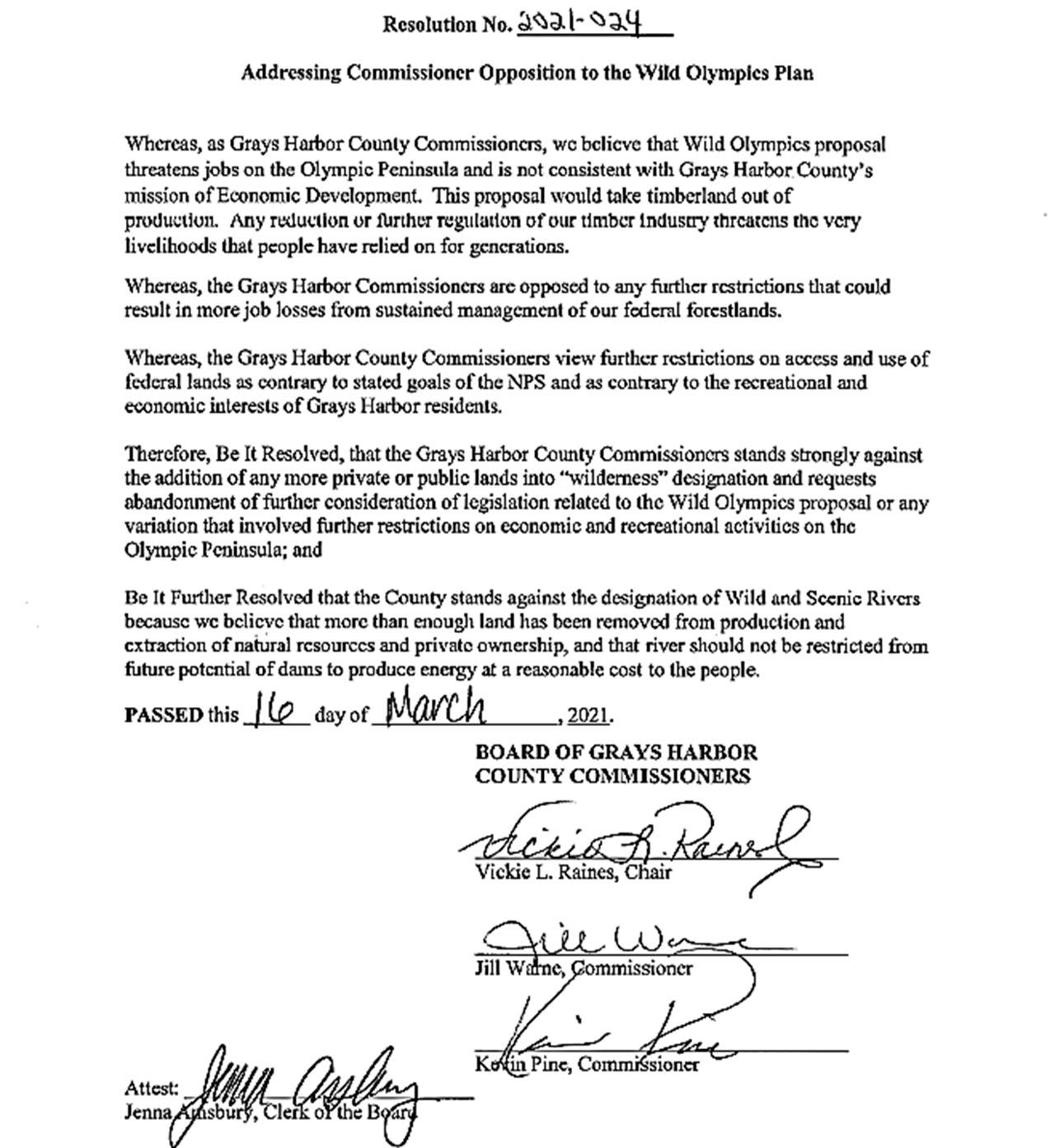 The Wild Olympics resolution signed by all three Grays Harbor County Commissioners.