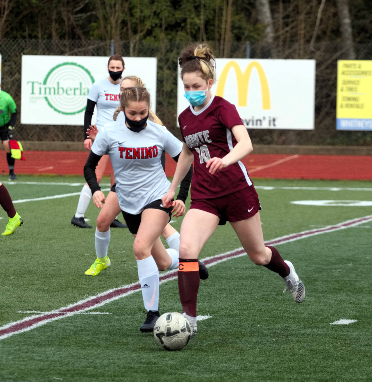Montesano senior midfielder Brooke Streeter, seen here on the right against Tenino on March 20, was named the 1A Evergreen League MVP on Wednesday. (Ryan Sparks | The Daily World)