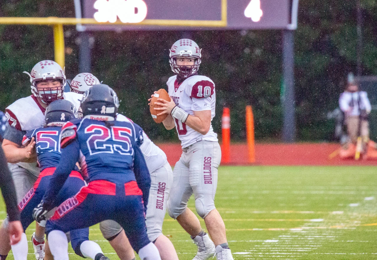 PHOTO BY SHAWN DONNELLY Montesano quarterback Trace Ridgway (10) seen here against Black Hills on March 19, was named the 1A Evergreen League MVP for the second consecutive season on Wednesday.