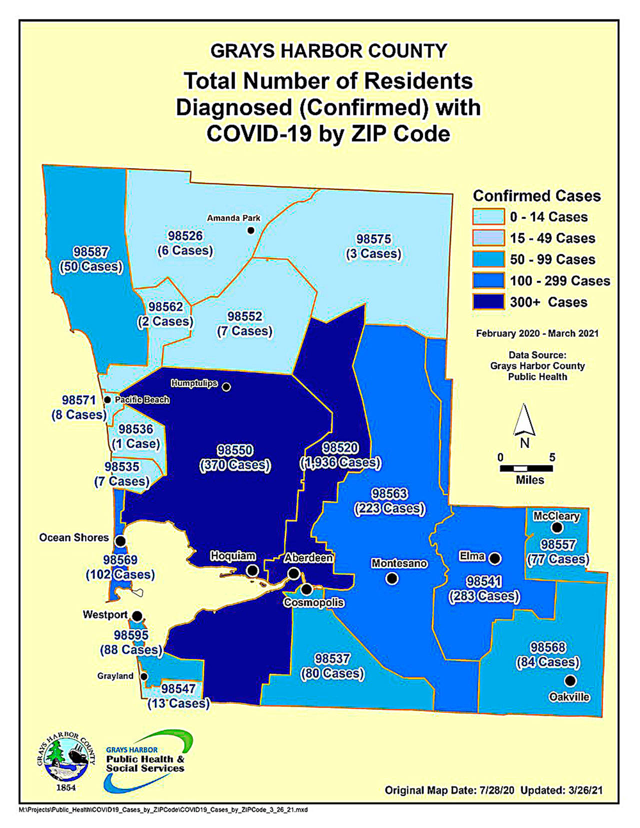 COURTESY GRAYS HARBOR PUBLIC HEALTH 
A map of COVID-19 cases over the length of the pandemic so far in Grays Harbor County by zip code, updated Friday.