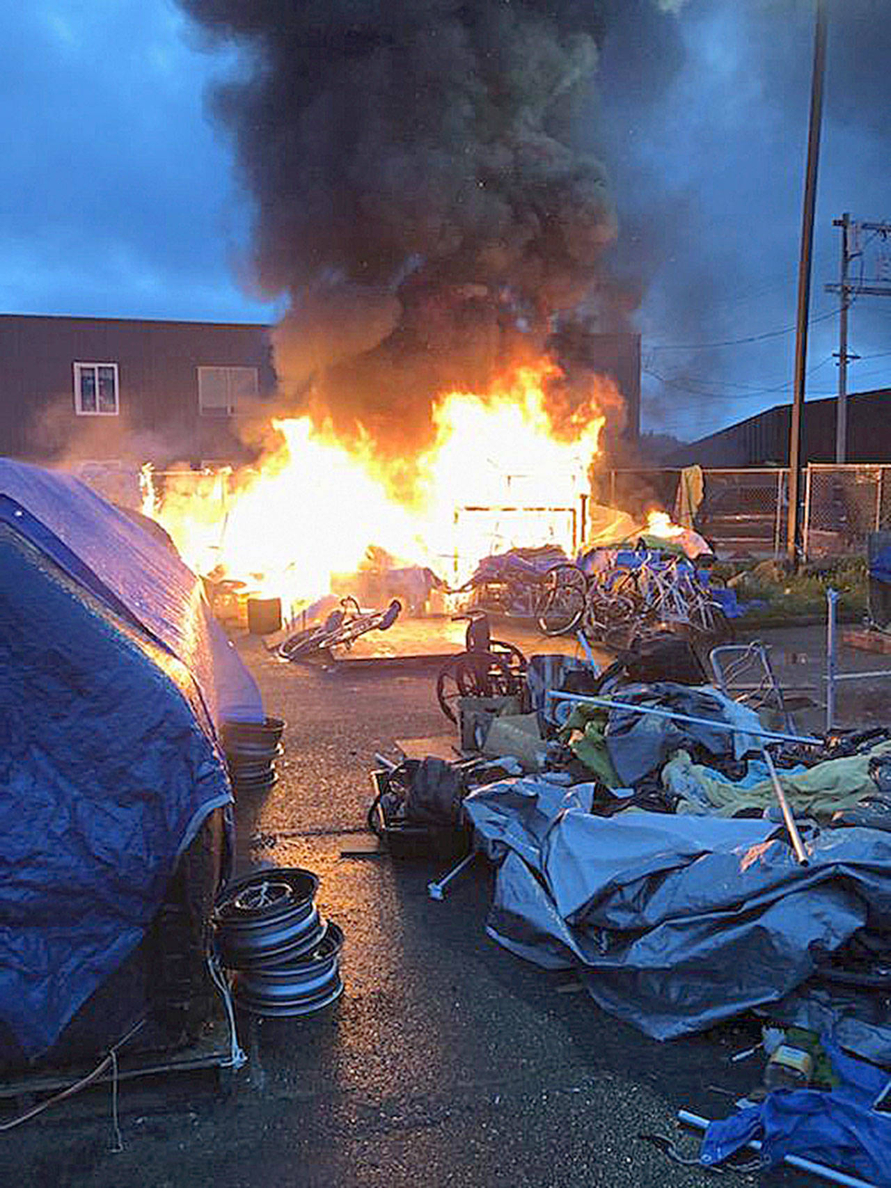 COURTESY ABERDEEN FIRE DEPARTMENT
The Thursday morning fire at the Aberdeen homeless camp next to City Hall was contained to one tent, according to the Aberdeen Fire Department.