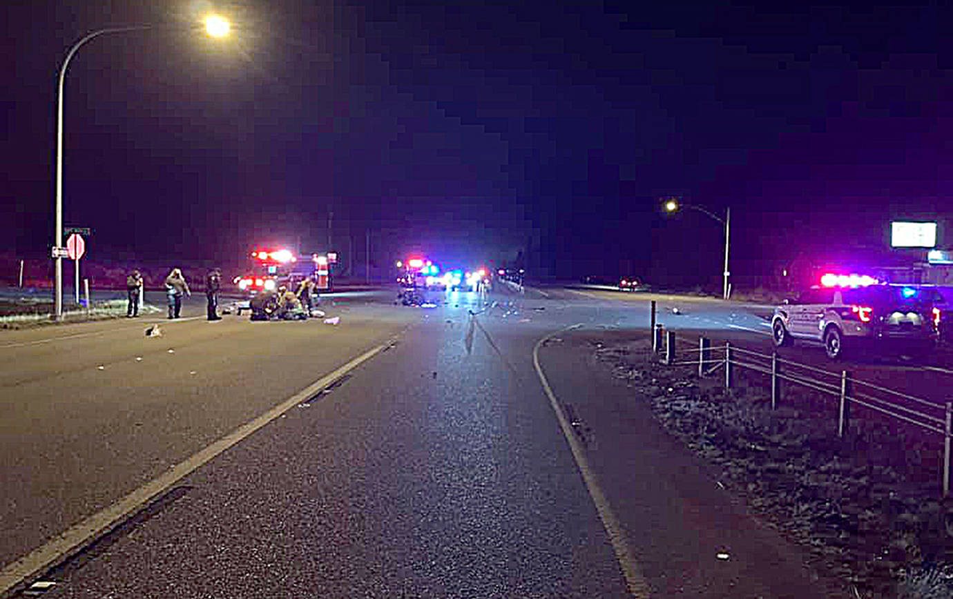 COURTESY GRAYS HARBOR FIRE DISTRICT 2
A motorcyclist was airlifted to Harborview Medical Center in Seattle after an early-morning two-vehicle crash on State Route 12 Wednesday.