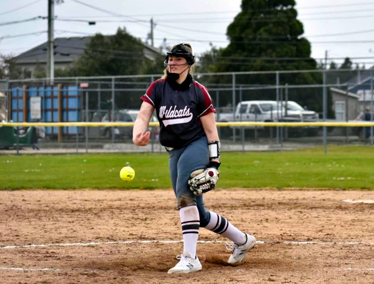 PHOTO BY JENNIFER RAFFELSON Ocosta pitcher Annika Hollingsworth, seen here in a file photo, earned a complete-game victory over Forks in the first game of a doubleheader on Thursday.