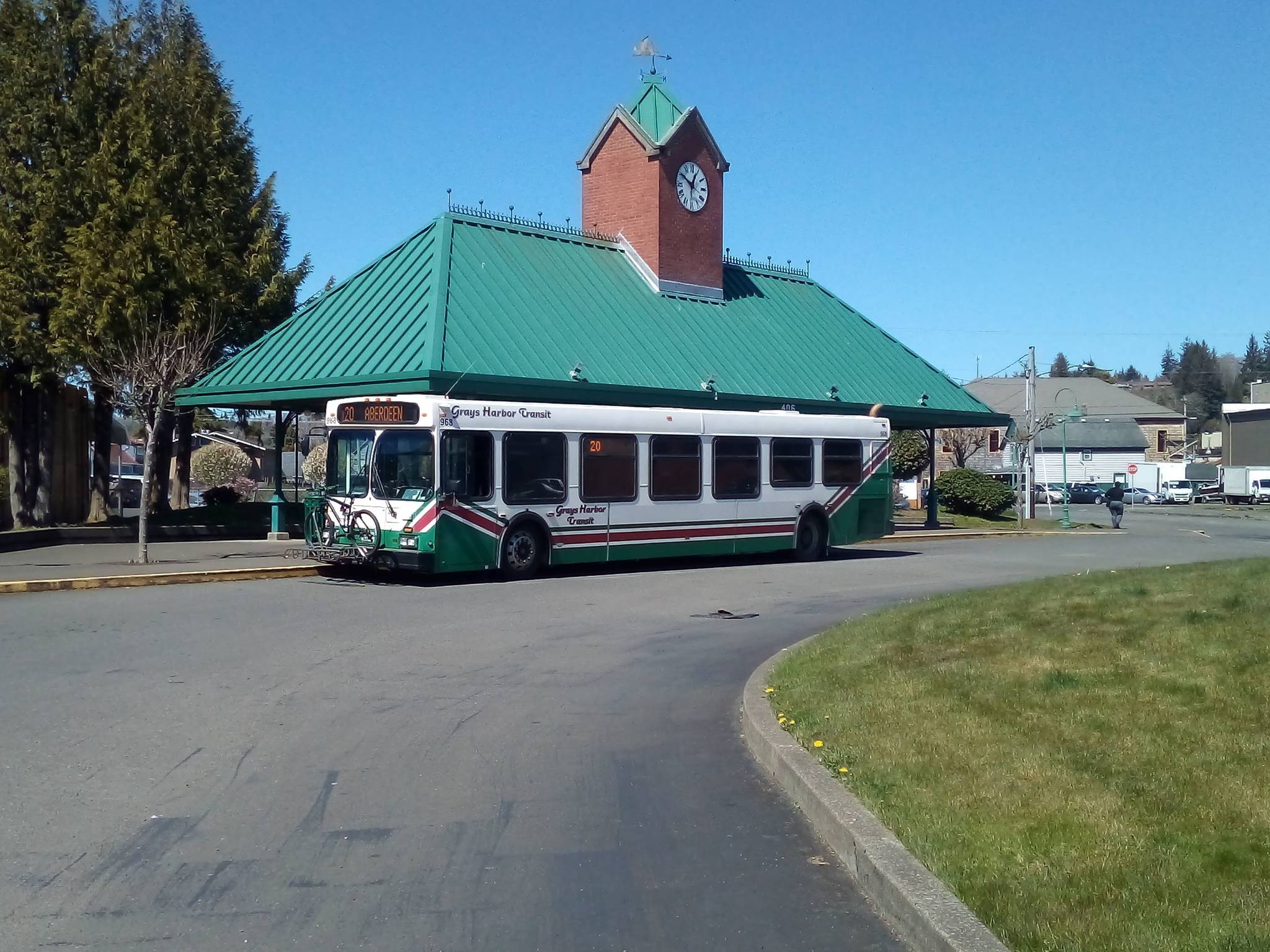 David Haerle/The Daily World 
A Grays Harbor Transit bus stops at the Hoquiam bus station Wednesday afternoon to drop off and take on passengers on Route 20.