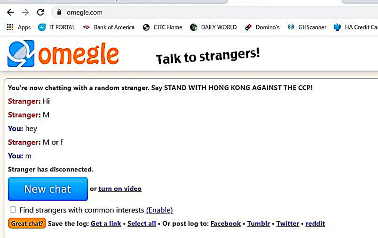 COURTESY HOQUIAM POLICE DEPARTMENT 
Omegle is one of the websites Hoquiam Police Chief Jeff Myers warns is being used to solicit pornographic images from minors.