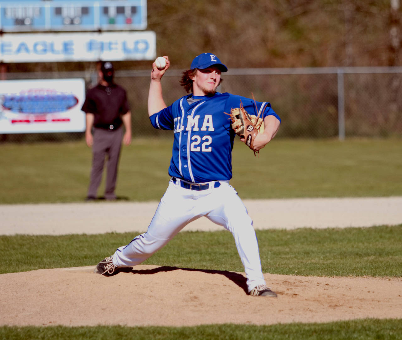 RYAN SPARKS | THE DAILY WORLD Elma starting pitcher Brody Rustemeyer allowed two runs in 6 1-3 innings pitched for a no decision against Montesano on Friday at Eagle Field in Elma.