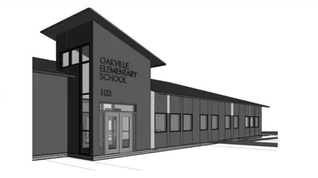 A preliminary rendering of a new Oakville school. The effort to replace the school is being funded by a bond passed by the voters in November of 2019 to collect $5.6 million from Oakville citizens and $9 million in state matching funds.