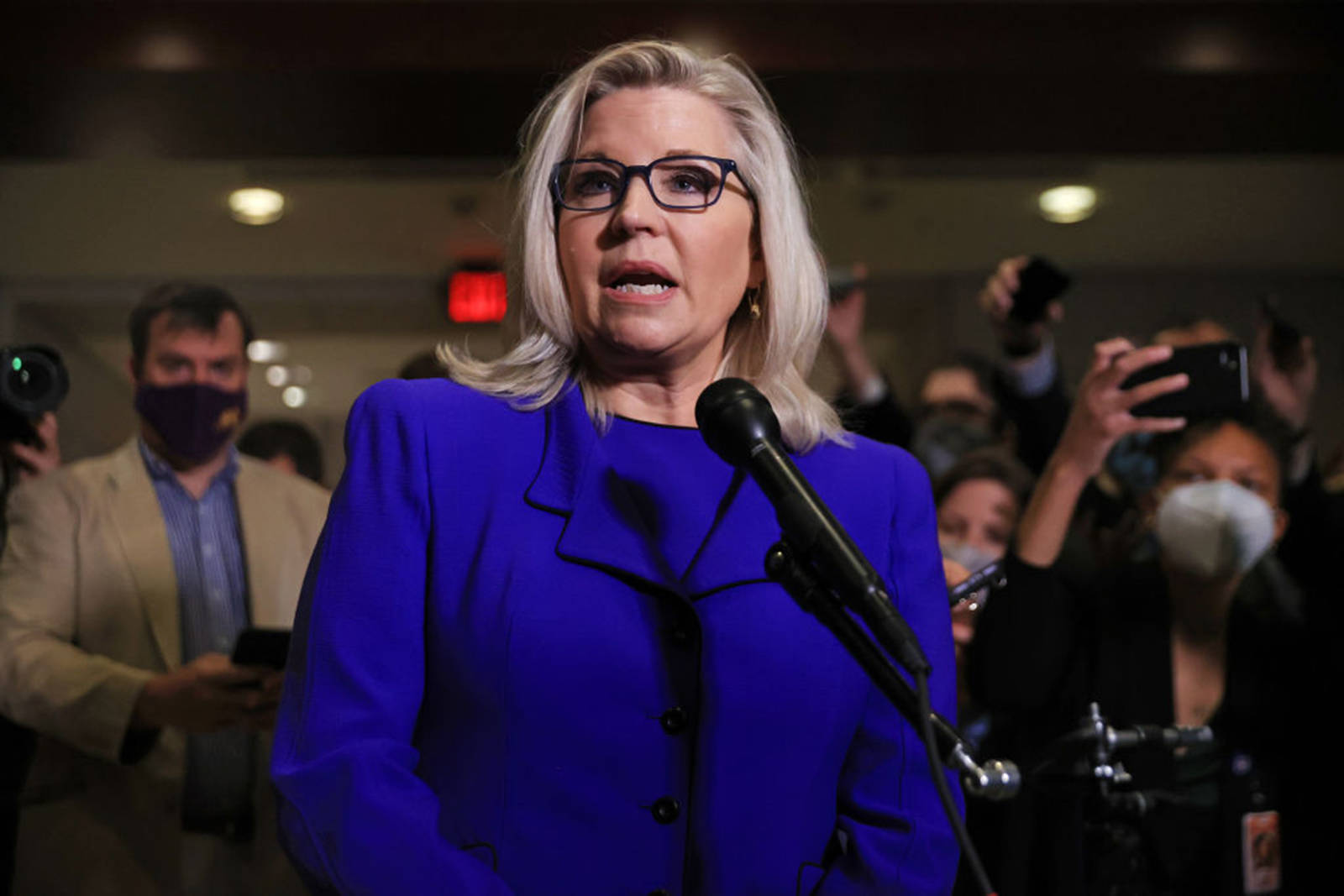 Photo by Chip Somodevilla/Getty Images 
Rep. Liz Cheney, R-Wyoming, talks to reporters after House Republicans voted to remove her as conference chair in in Washington, D.C. GOP members removed Cheney from her leadership position after she became a target for former President Donald Trump and his followers in the House as she has continually expressed the need for the Republican Party to separate themselves from Trump over his role in the Jan. 6 attack on the Capitol.