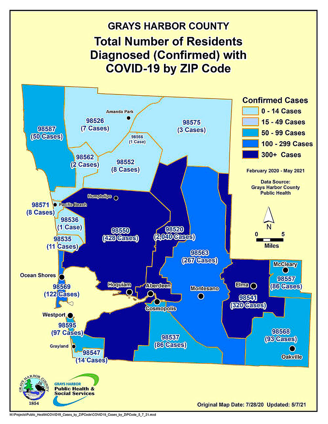 COVID-19 cases by Grays Harbor County zip code map, updated May 7. The map is updated each Friday and can be found at <a href="https://www.healthygh.org/directory/covid19/casecount" target="_blank">healthygh.org/directory/covid19/casecount</a>.