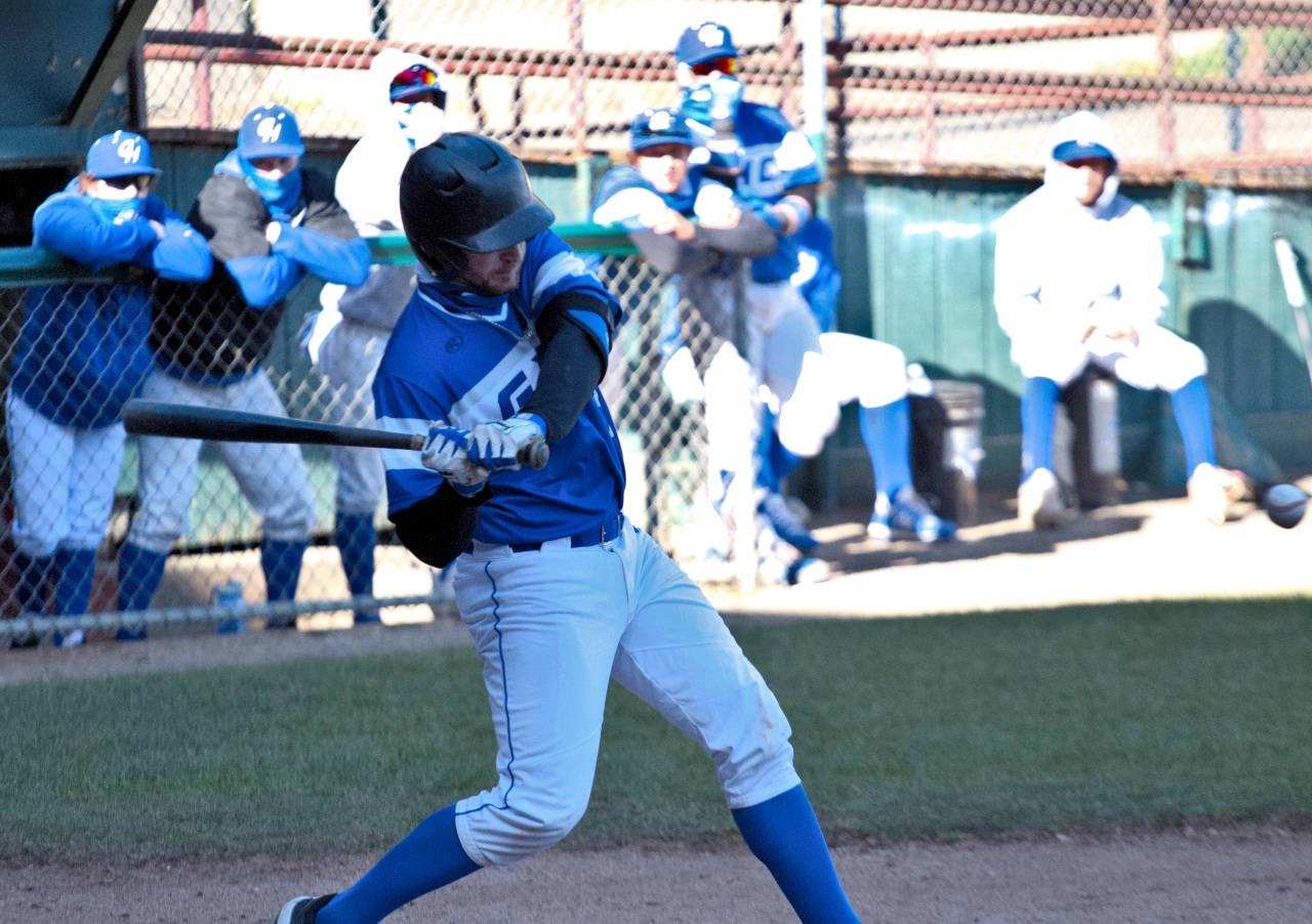 DAILY WORLD FILE PHOTO Grays Harbor College catcher Nolan Baugher belted an RBI triple during the Chokers’ 7-2 victory over Green River in the second game of a doubleheader on Friday in Hoquiam.
