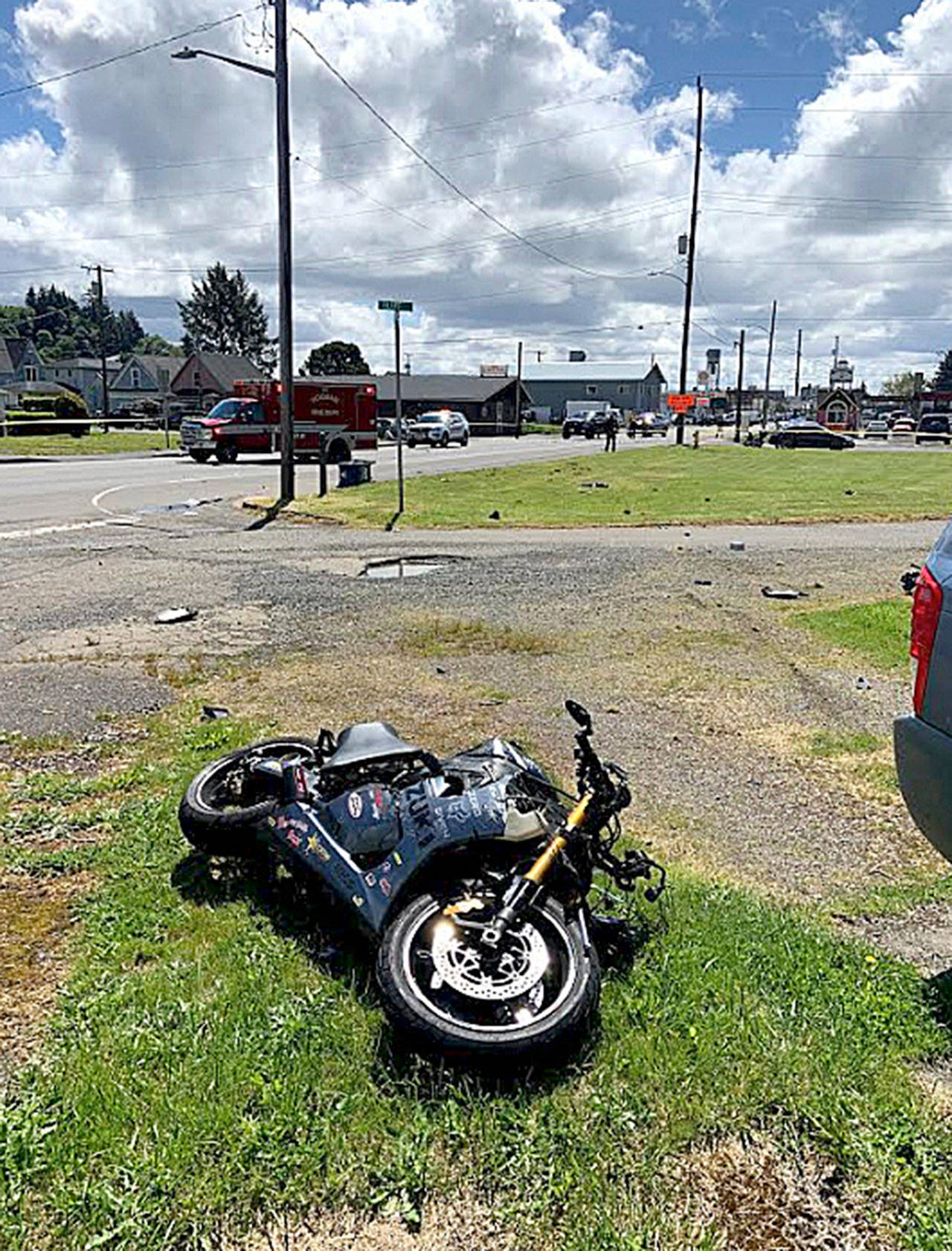 This motorcycle was apparently traveling at up to 90 mph on Lincoln Street in Hoquiam when it struck a vehicle at Chenault Avenue. The operator, James Cody Sterns, 30, of Hoquiam, and a passenger were ejected; Stearns was pronounced dead at the hospital shortly after the crash. (Courtesy Hoquiam Police Chief Jeff Myers)