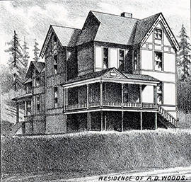 The home of Alonson D. Wood from an etching in November 1888 issue of The West Shore magazine. The house sat on a small hillock located at the east end of Randall Street between C and B streets near the Sons of Norway Hall. Today the area is an open field. A.D. Wood was one of the founders of the early Emery-Mack-Wood Lumber Mill on the Wishkah River at the foot of B Street. In 1892, Wood spearheaded construction of Aberdeen’s first high school, the A.D. Wood School, above his home, on Terrace Heights. In 1901, following the fire that destroyed the top two stories of his home, he rebuilt the second and third stories on the remaining first floor. The house appears to have been used as a rooming house into the late-1930s then ceases to be listed in city directories. (Roy Vataja Collection)