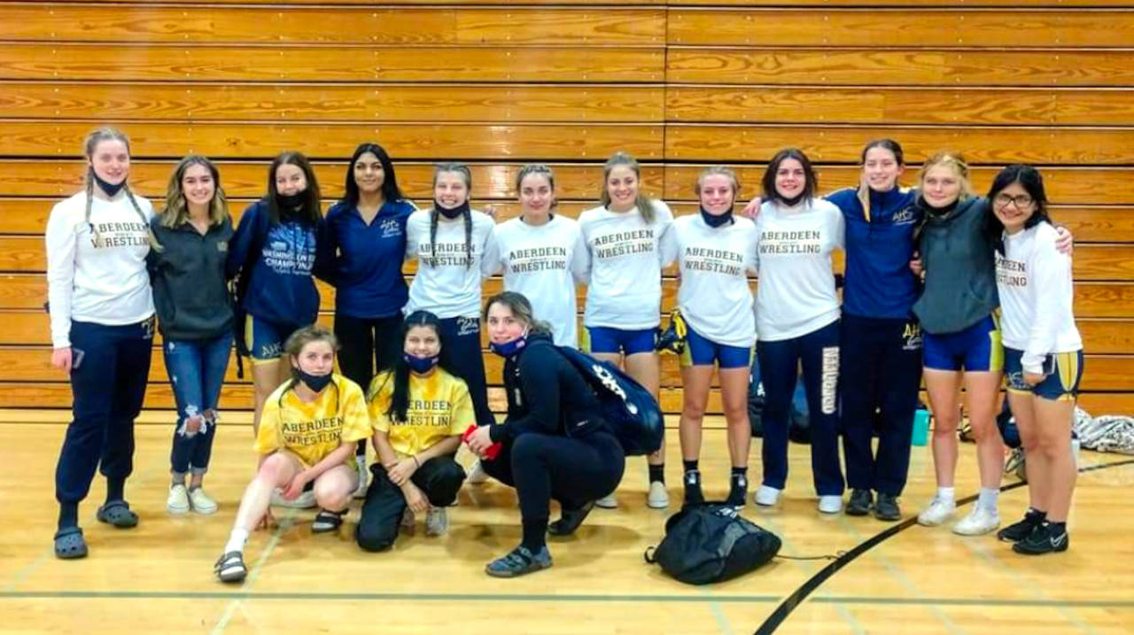 SUBMITTED PHOTO
The Aberdeen High School girls wrestling team won its sixth straight 2A Evergreen League championship in Chehalis on Saturday.