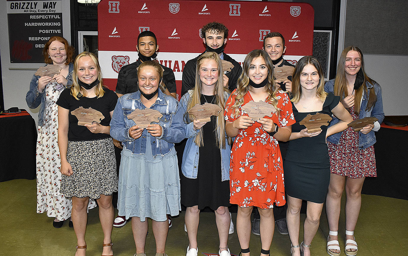 DAN HAMMOCK | THE DAILY WORLD 
Ten Hoquiam High School students were presented their Silver and Gold awards at the high school May 17. Back row from left: Makenna Catron, Joe Rodgers, Cayden Kempf, Noah Sudderth, Emiley Daniels. Front row from left: Sadie Carlyle, Tauni Hilliard, Hailey Lawrence, Emiley Elders and Amelia Mohr.