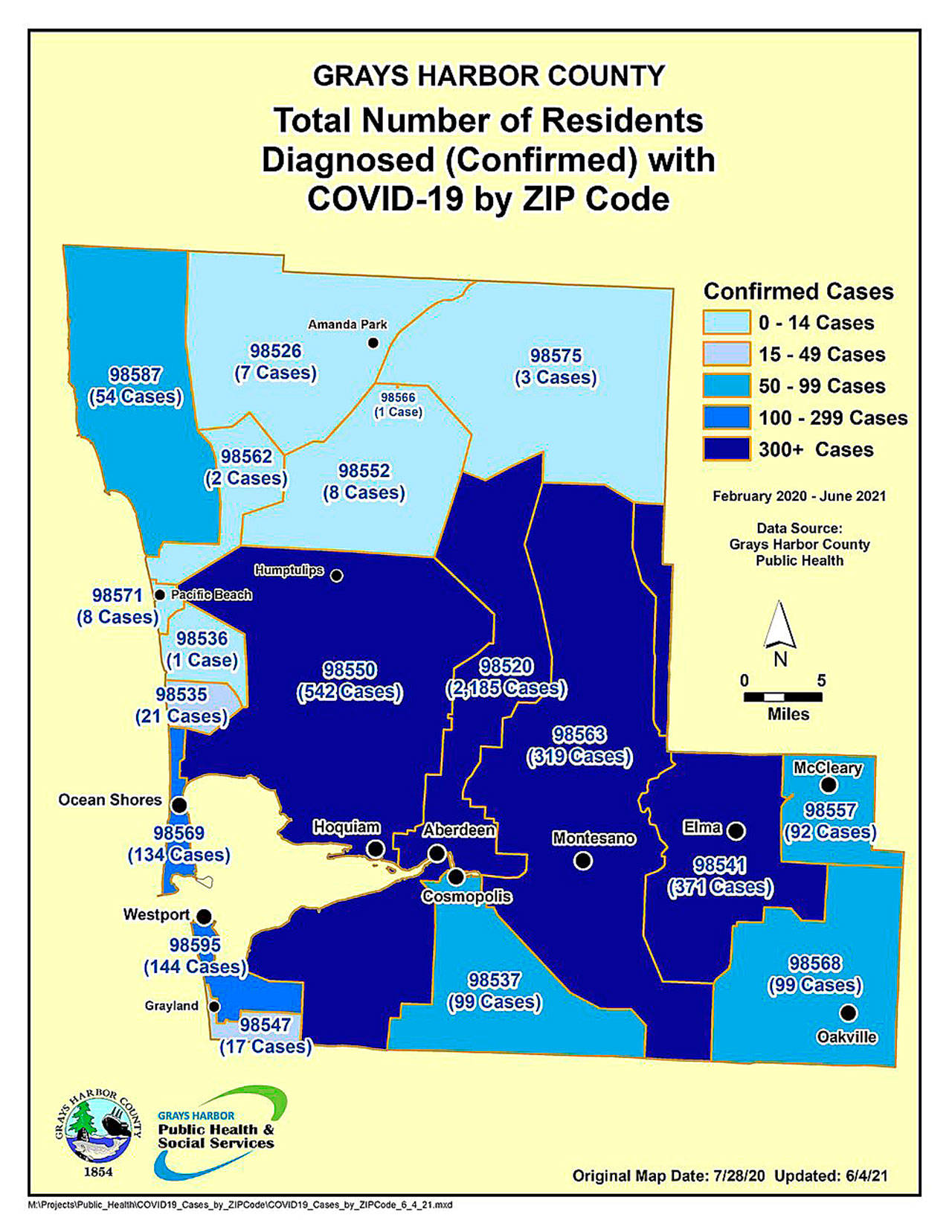 (Courtesy Grays Harbor County Public Health)
COVID-19 case pandemic totals in Grays Harbor County by ZIP code, updated Friday.