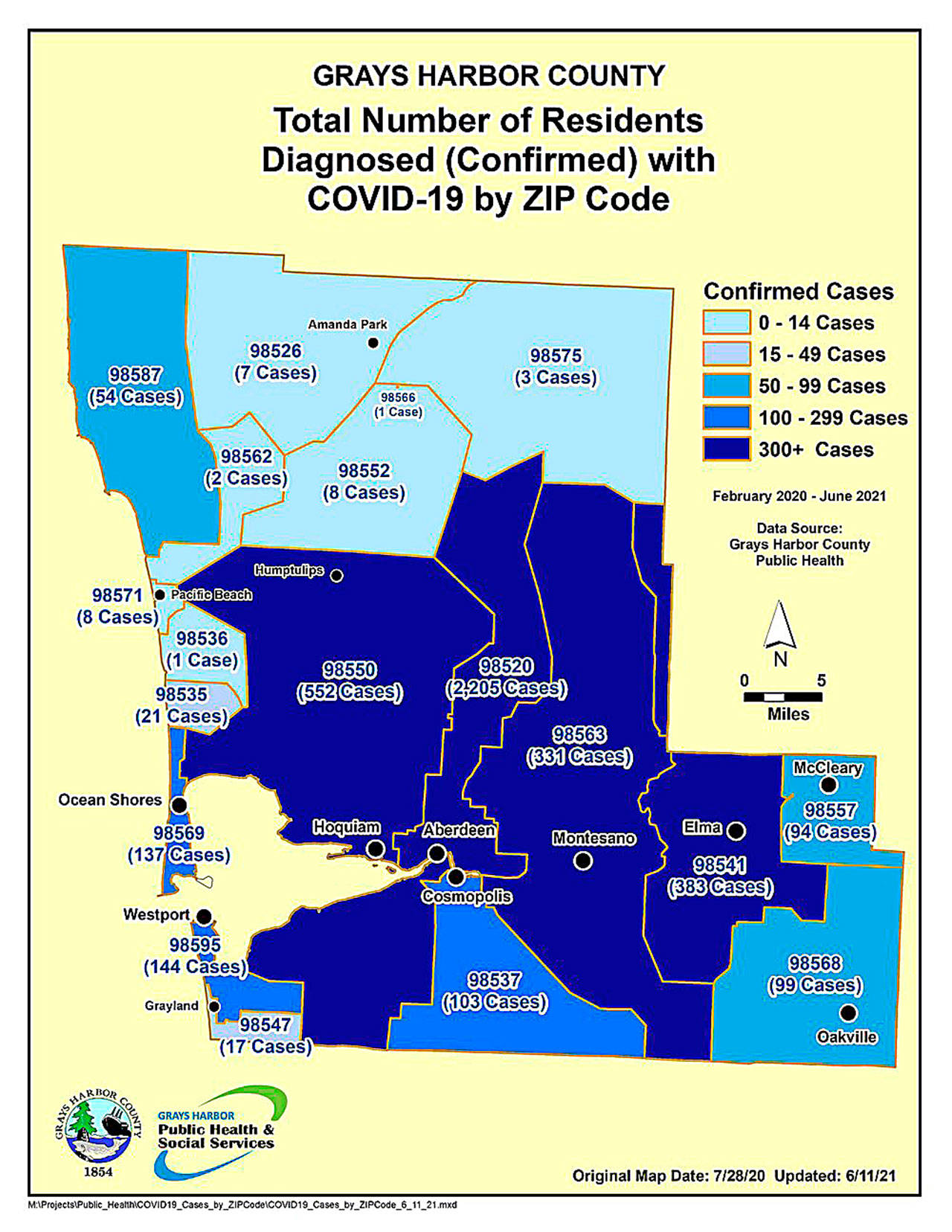 COVID-19 cases by zip code in Grays Harbor County updated Friday, June 11. (Courtesy Grays Harbor County Public Health)