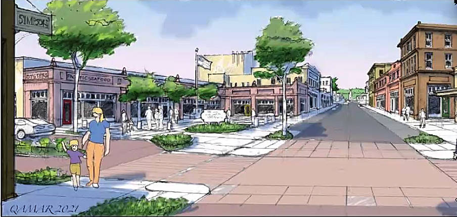 Courtesy QaMar and Associates 
This is a vision of Simpson Avenue looking northwest from the intersection at Eighth Street from the city of Hoquiam’s revitalization plan. It shows how sidewalk extensions make the street more safe and walkable, and how blank walls on existing buildings have been replaced with thin “liner buildings” that can incorporate new uses.